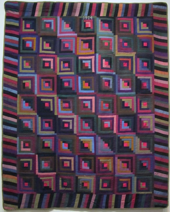 Log Cabin, Straight Furrow Variation, dated 1914. Made by Marian Yoder. Holmes County. Wool. Log Cabin, Straight Furrow Variation, dated 1914. Made by Marian Yoder. Holmes County. Wool.