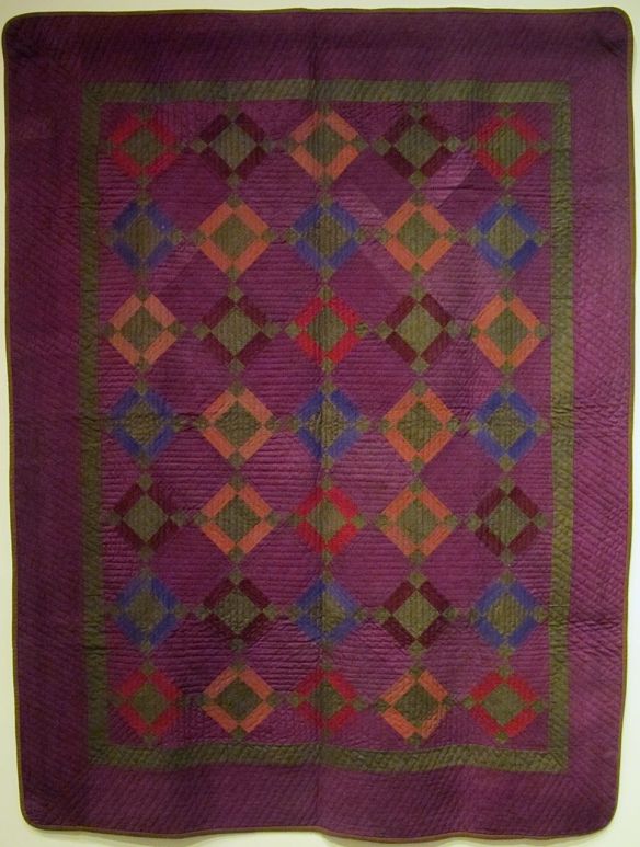 Nine Patch Variation "Winter Quilt", 1884. Unknown maker. Initialed and dated in the quilting "R.T. 1884". Know County. Heavy Wool. Nine Patch Variation "Winter Quilt", 1884. Unknown maker. Initialed and dated in the quilting "R.T. 1884". Know County. Heavy Wool.