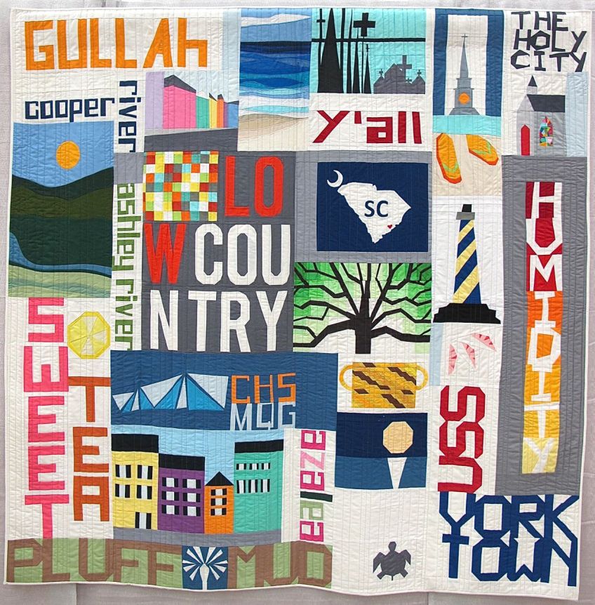 Low Country by Phoebe Harrell. Sullivans Island, South Carolina. Pieced by Alice Anthony, Catherine Beemer, Geri Smith, Jackie Boyd, Kelly Biscopink, Keri Davidson, Kim McPeake, Linda Ambrose, Lynn Crymes, Phoebe Harrell, Tamie Herin, Whitner Kane, Sandy Goodwin. Quilted by Geri Smith.