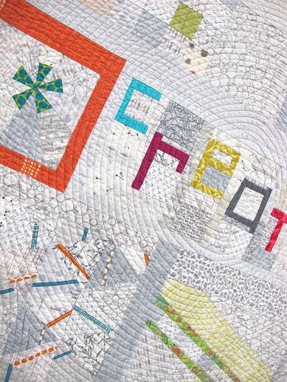 Playing with Little Bits by Rose Daley. Columbia Maryland. Pieced by Anna Levengood, Jill Safford, Jessica Skultety, Jessica Levitt, Robin Tillsworth, Rachel Singh, Elizabeth Timmons. 1st place, Group or Bee Quilts. QuiltCon 2015.