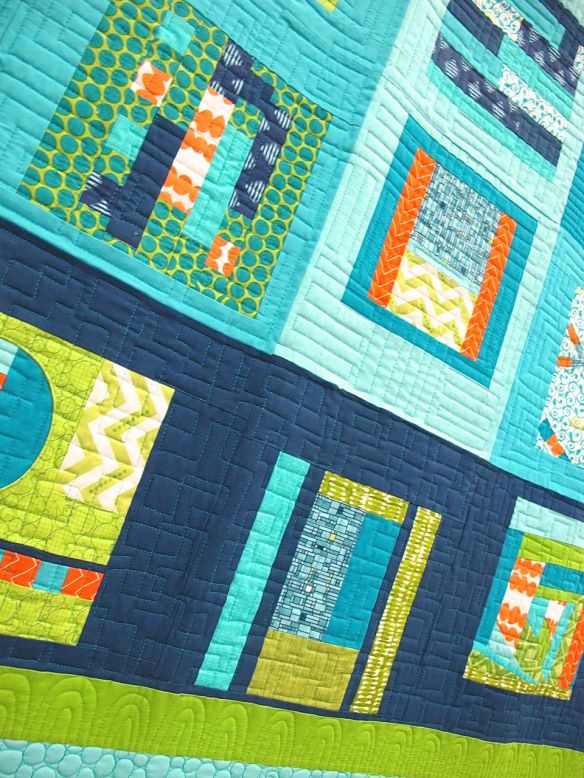 Central New Jersey MQG Banner by members of the Central jersey MQG. Phillipsburg, New Jersey. Pieced by Neva Asinari, Janet Bergman, Amy Blanchard, Helen Branch, Robin Buscemi, Christina Di Marco, Susan Flick, Andy Foster, Elaine Hagaman, Tatiana Kennedy, Jessica Levitt, Sandy Mahaney, Teddi Munslow, Lori Saporito, Linda Schulz, Rachel Singh, Jessica Skultety. Quilted by Jessica Levitt. 3rd place, Group or Bee Quilts, QuiltCon 2015.