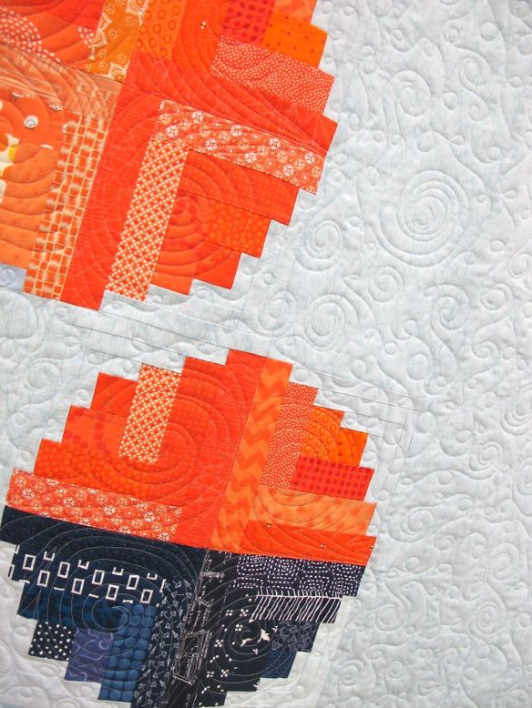 Eclipse. Bellevue, Kentucky. Pieced by Hope Circle: Afton Warrick, Cath Hall, Christie Kline, Ellen McKee, Heather Pegel, Kim Soper, Kimberly Swick, Melanie Hughes, Suzy Lampman. Quilted by Ellen McKee. Use of curved blocks in spired by "Log Cabin beads" by Kathy Hamada.