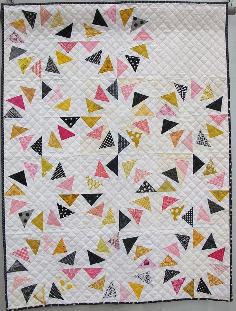 Geese in the Round. Raleigh, North Carolina. Pieced by kelleigh Bland, Kelly Cole, Erica Jackman, Stephanie Jacobson, Alyssa Lichner, Rene Martinez, Kristen Spears, Rebekah Thompson, Caitlin Topham, Lynn Wood. Quilted by Caitlin Topham. Design Source: Block pattern by Piece by Number, inspiration from Christina Lane of Sometimes Crafter.