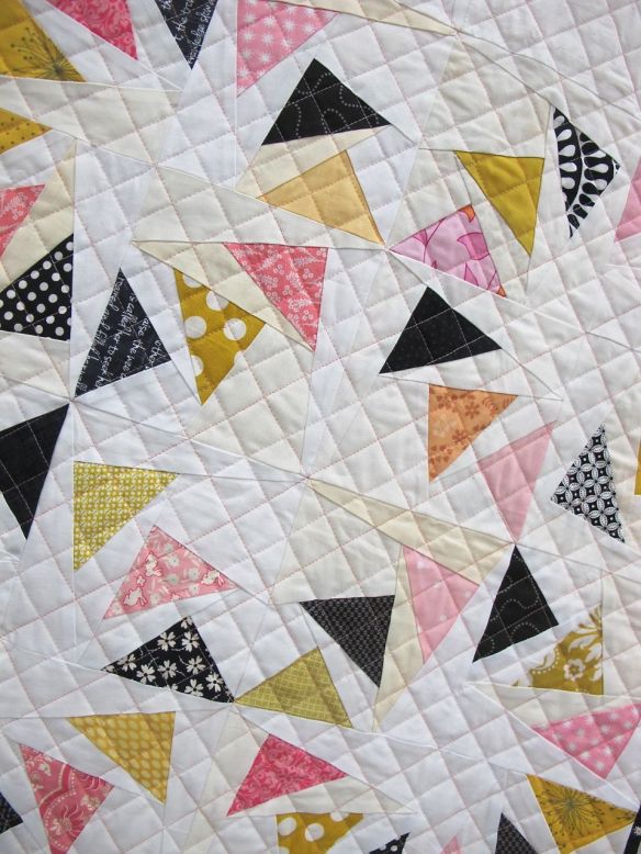 Geese in the Round. Raleigh, North Carolina. Pieced by kelleigh Bland, Kelly Cole, Erica Jackman, Stephanie Jacobson, Alyssa Lichner, Rene Martinez, Kristen Spears, Rebekah Thompson, Caitlin Topham, Lynn Wood. Quilted by Caitlin Topham. Design Source: Block pattern by Piece by Number, inspiration from Christina Lane of Sometimes Crafter.