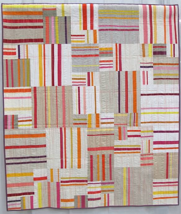 Sunset Stripes. Seattle, Washington. Pieced by Daisy Aschehoug, Deborah Aspuria, Jenelle Clark, Cat Downs, Jacey Gray, Rachel Hauser, Amanda Hohnstreiter, Ara Jane Olufson, Jessica Rider, Natalie Sabik. Quilted by Ara Jane Olufson.