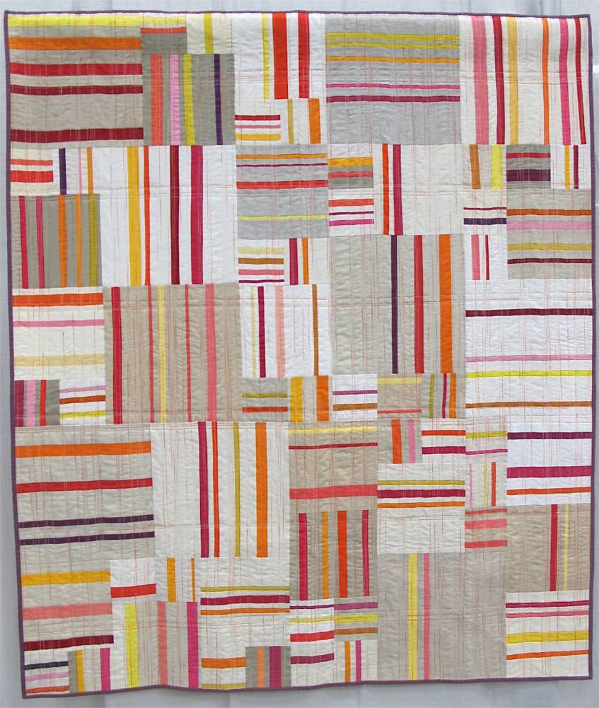 Sunset Stripes. Seattle, Washington. Pieced by Daisy Aschehoug, Deborah Aspuria, Jenelle Clark, Cat Downs, Jacey Gray, Rachel Hauser, Amanda Hohnstreiter, Ara Jane Olufson, Jessica Rider, Natalie Sabik. Quilted by Ara Jane Olufson.