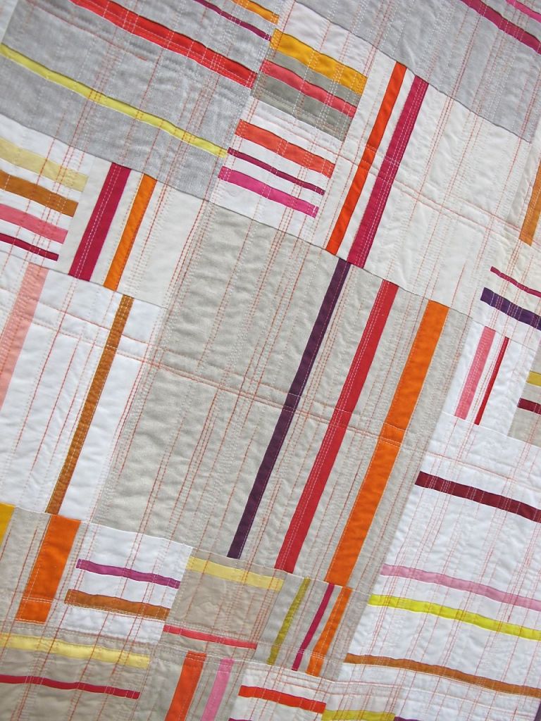 Sunset Stripes. Seattle, Washington. Pieced by Daisy Aschehoug, Deborah Aspuria, Jenelle Clark, Cat Downs, Jacey Gray, Rachel Hauser, Amanda Hohnstreiter, Ara Jane Olufson, Jessica Rider, Natalie Sabik. Quilted by Ara Jane Olufson.