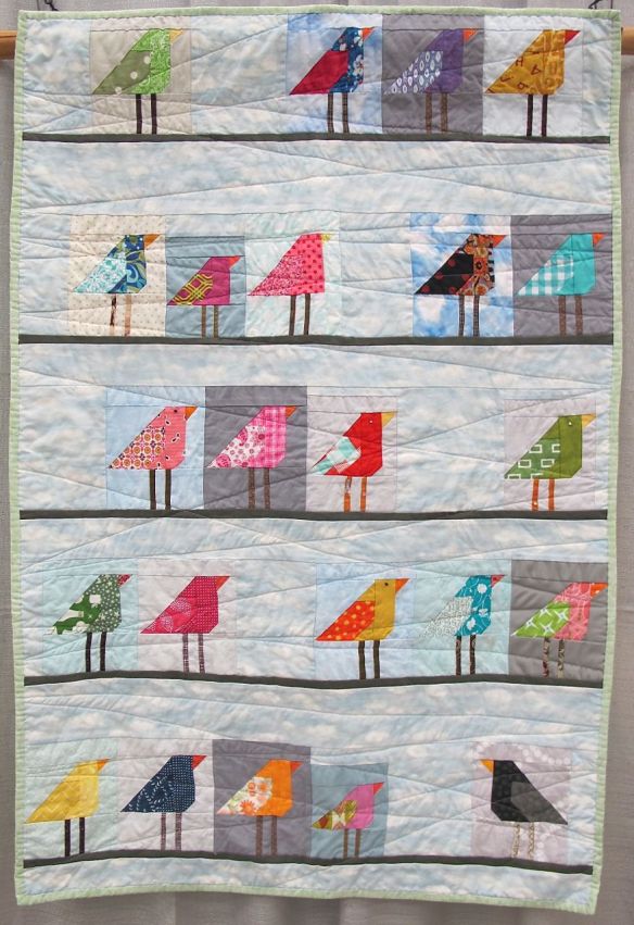 Birds on a Line. Austin, Texas. Pieced by Jeannette Day, Lindsey Rhoads, Leah Newman, Alison Robinson, Alex Duenkel, Tamara Hampton, Diane Stanley, Christine Horlbeck, Alexis Day. Quilted by Jeanette Day. Using McCalls Quilting bird block.
