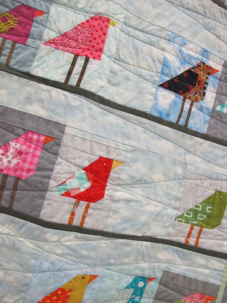 Birds on a Line. Austin, Texas. Pieced by Jeannette Day, Lindsey Rhoads, Leah Newman, Alison Robinson, Alex Duenkel, Tamara Hampton, Diane Stanley, Christine Horlbeck, Alexis Day. Quilted by Jeanette Day. Using McCalls Quilting bird block.