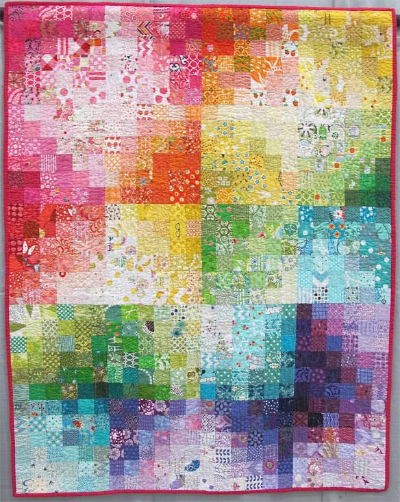 Gradient Patchwork. Peabody, Massachusetts. Pieced by Robin Correa, Melissa Devenney, Donna Swain, Jana Dee, Irelle Beatie, Elizabeth Jones, Kristen Russell, Laurel Krynock, Laura Collins. Quilted by Laura Collins.