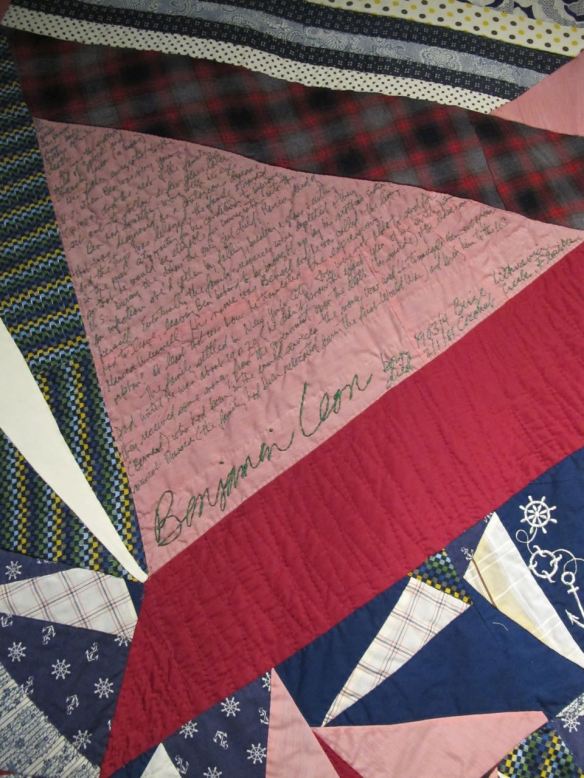 Detail of Benjamin Leon Commemorative Quilt. Eli Leon, designer and piecer, Esther Foss, piecer, Helen Brodfield, quilter. Collection of Eli Leon.